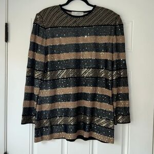 St. John Black & Metallic Gold Stripe Knit Sweater pullover size L large